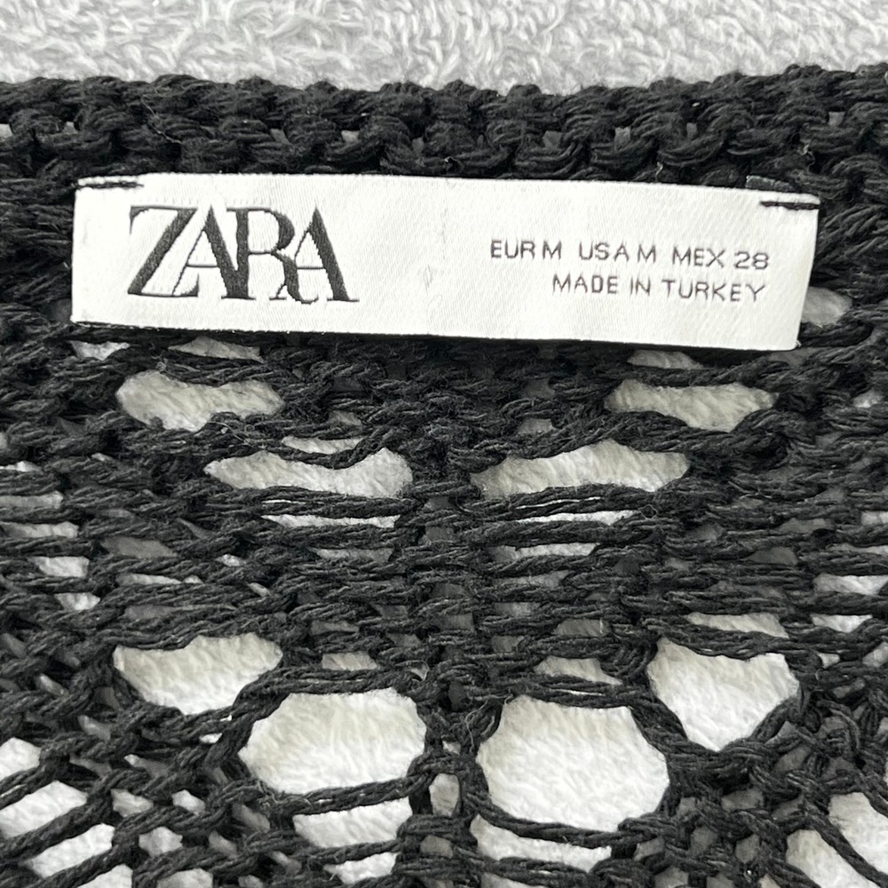 Zara Pointelle Openwork Lace Knit Sweater Black Womens Medium M Crochet Pullover - Picture 5 of 10